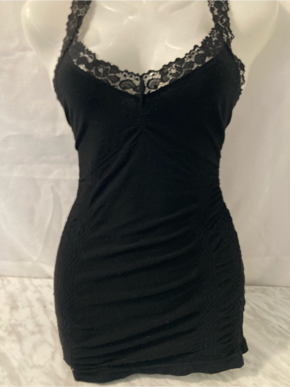 Black Lace Ruched Cami Tank Top S/M Y2K